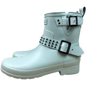 Hunter Boots Studded Buckle Rubber Rain Boots‎ Light Blue Short Ankle Moto